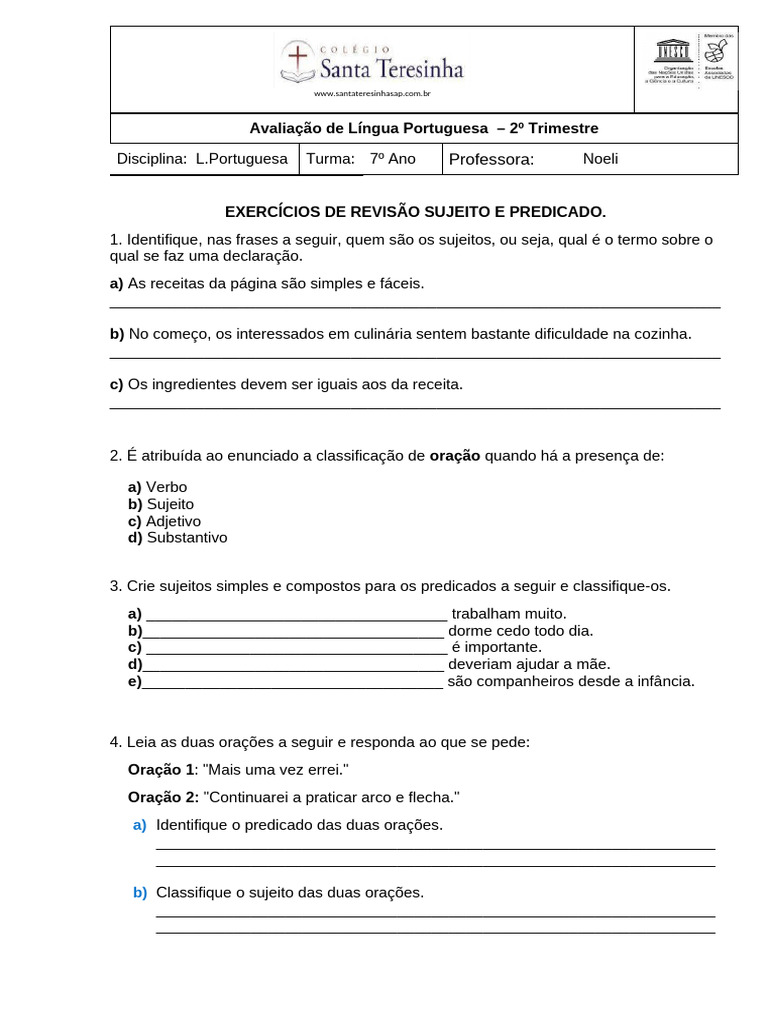 Exercícios de Sujeito e Predicado 7º Ano | PDF | Assunto (gramática ...
