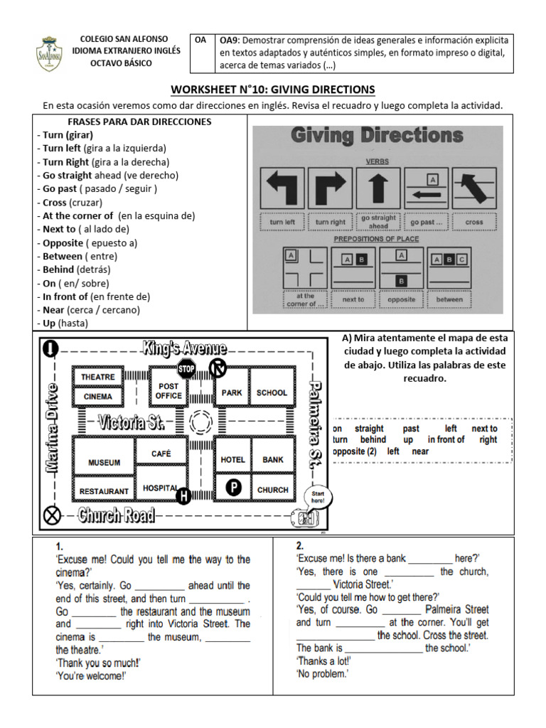 Ejercicios para Dar Direcciones en Inglés | PDF