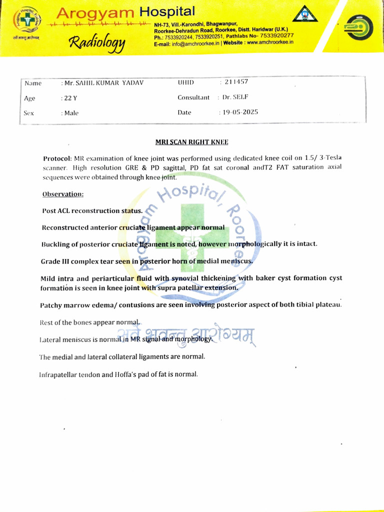 MRI Report: Right Knee ACL Status | PDF | Knee | Limbs (Anatomy)