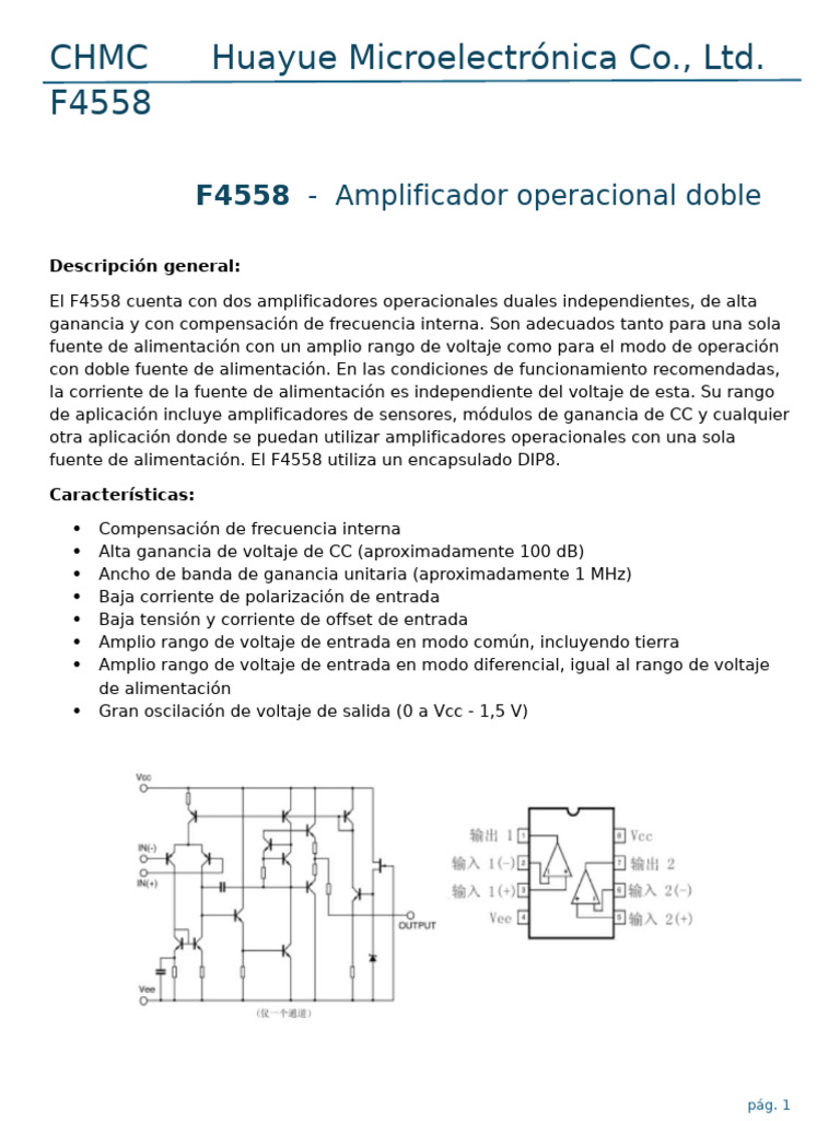 Amplificador Operacional F4558: Especificaciones | PDF | Amplificador ...
