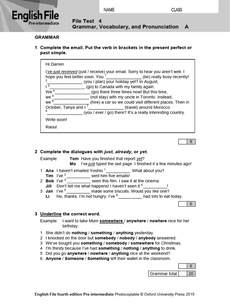 English File Pre-Intermediate Test A | PDF