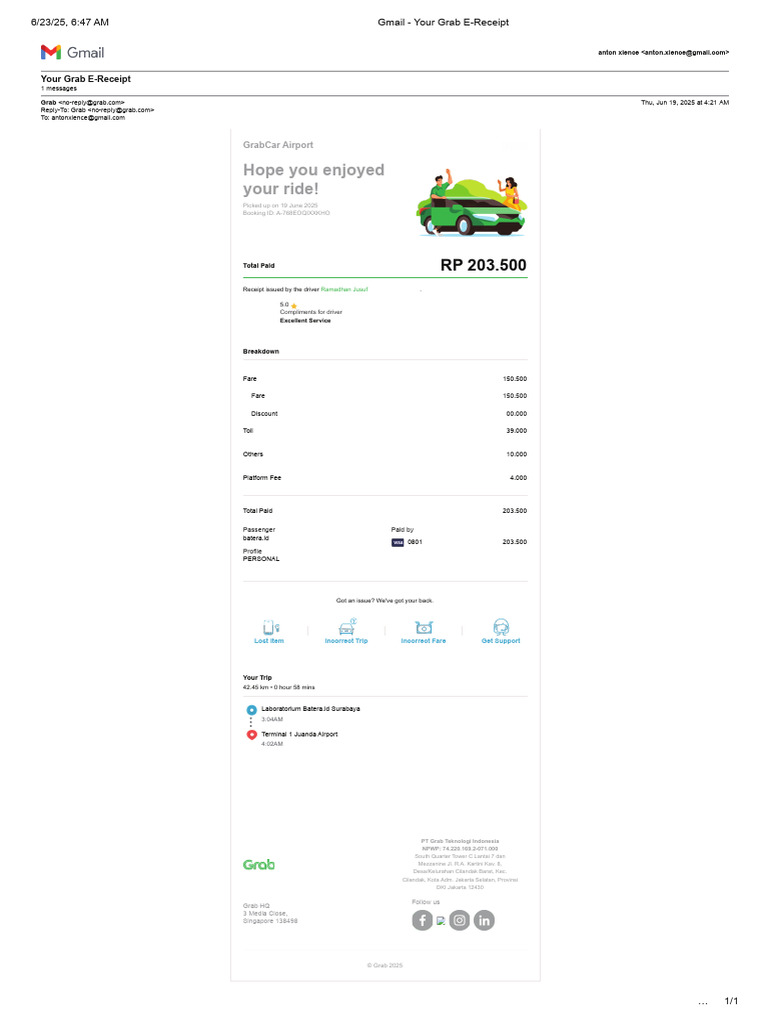 Grab E-Receipt for Airport Rides | PDF