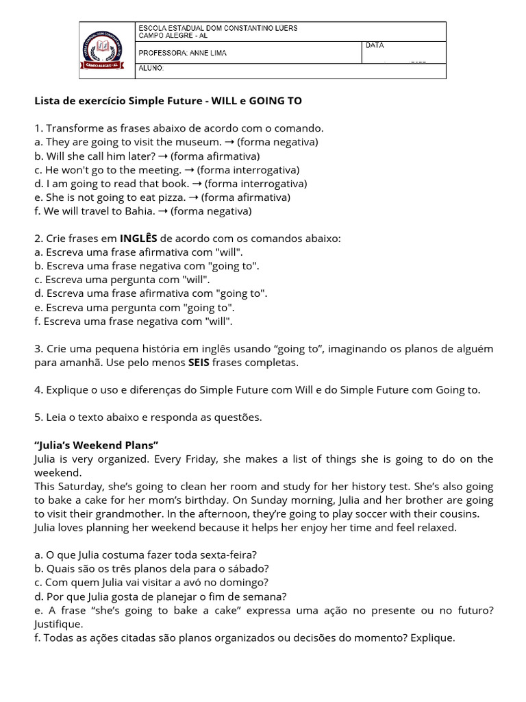 Exercícios de Simple Future: WILL e GOING TO | PDF