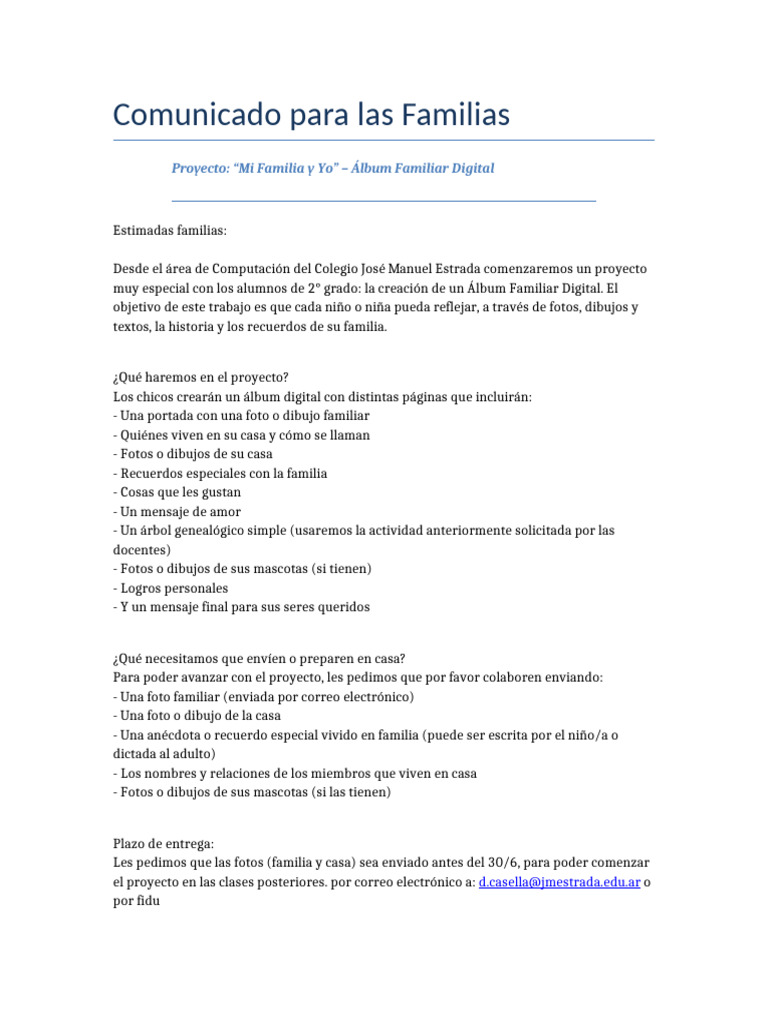 Comunicado Proyecto Mi Familia y Yo 2 | PDF