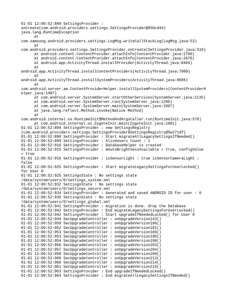 Samsung SettingsProvider Migration Logs | PDF | Java (Programming ...