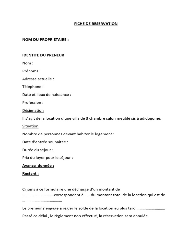 Fiche de réservation villa meublée 3 chbres | PDF