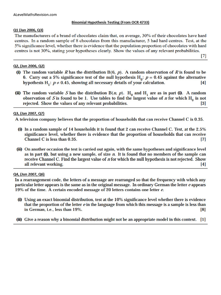Binomial Hypothesis Tests for OCR 4733 | PDF