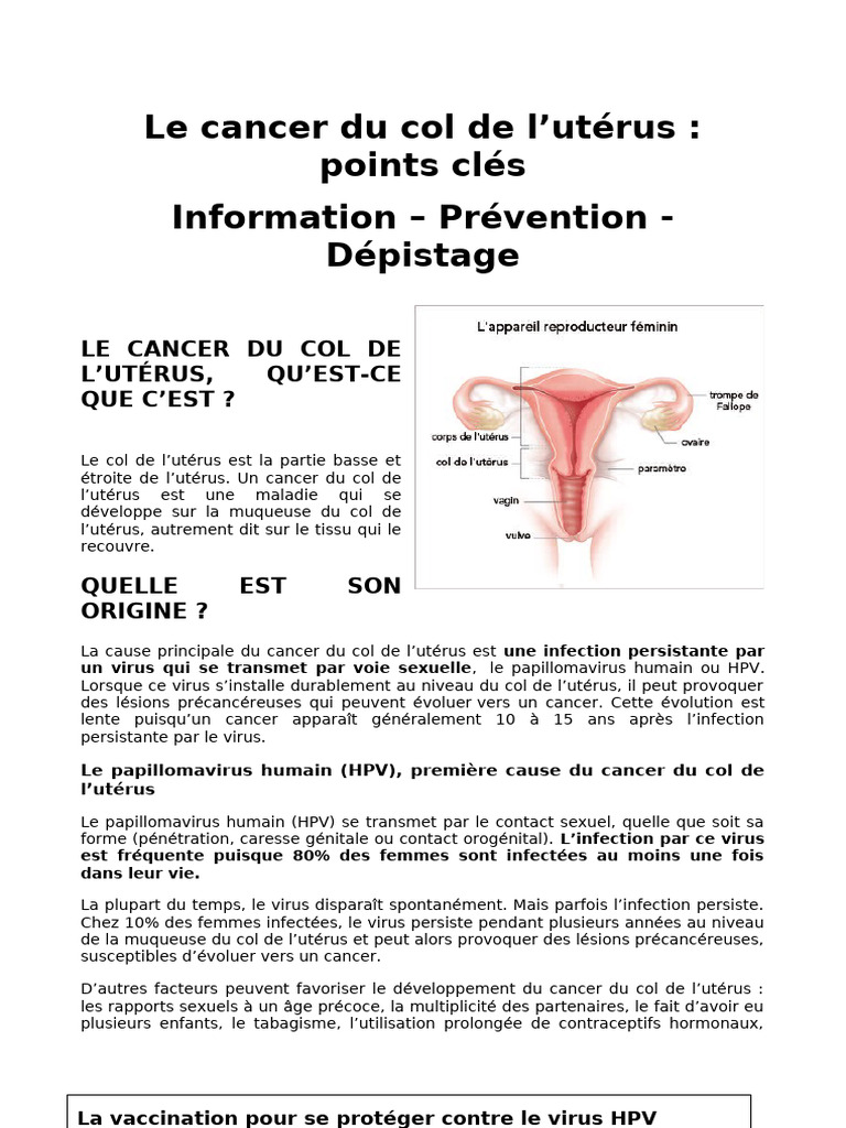 Cancer du col de l'utérus : prévention et dépistage | PDF | Cancer du ...