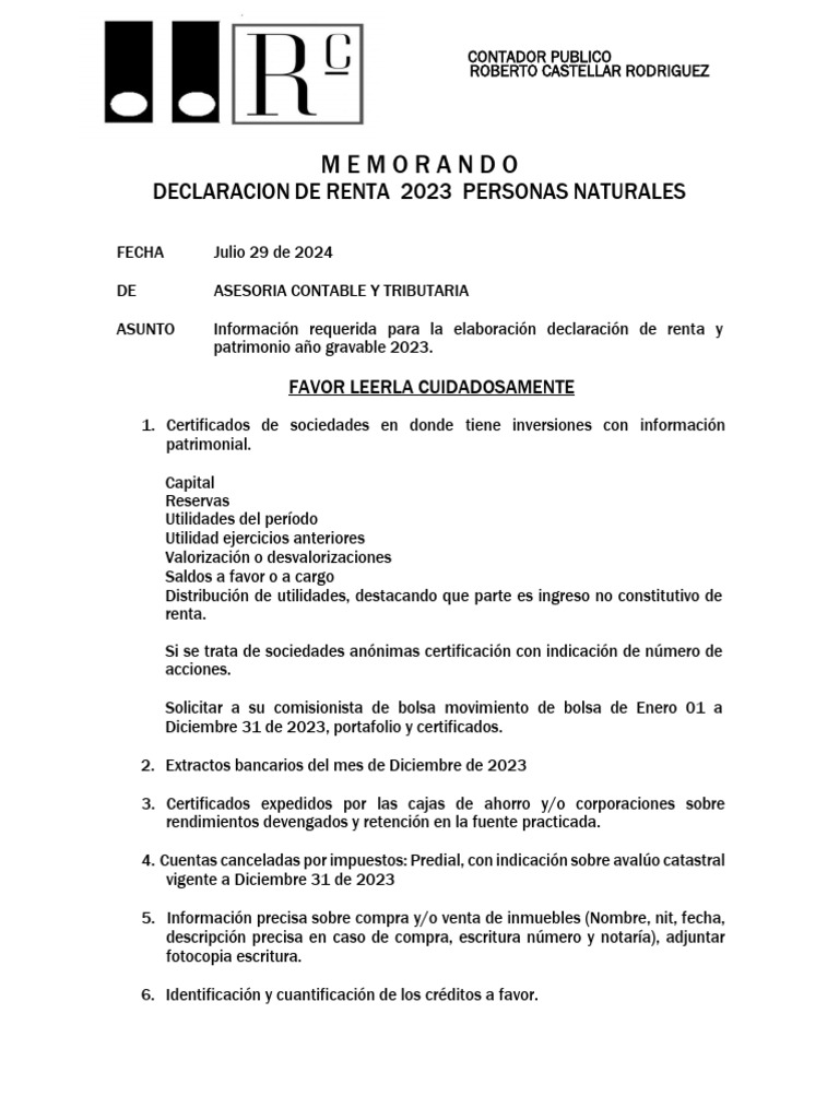 Información para Declaración de Renta 2023 | PDF | Contador | Economias