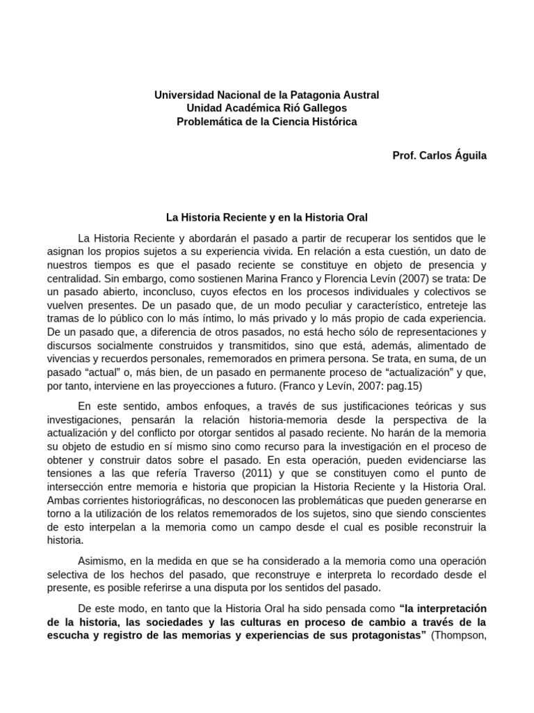 La Historia Reciente y en La Historia Oral | PDF | Historia oral | Memoria