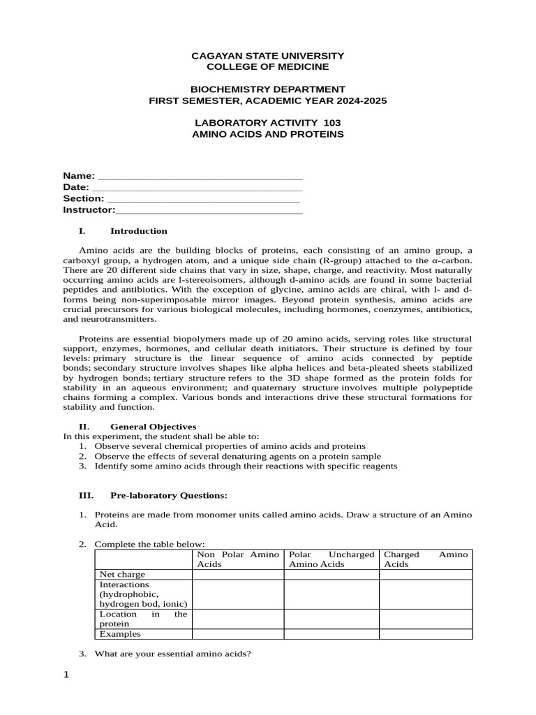 Biochemistry Laboratory Activity 103. Pre-Lab and Post-Lab Activity ...