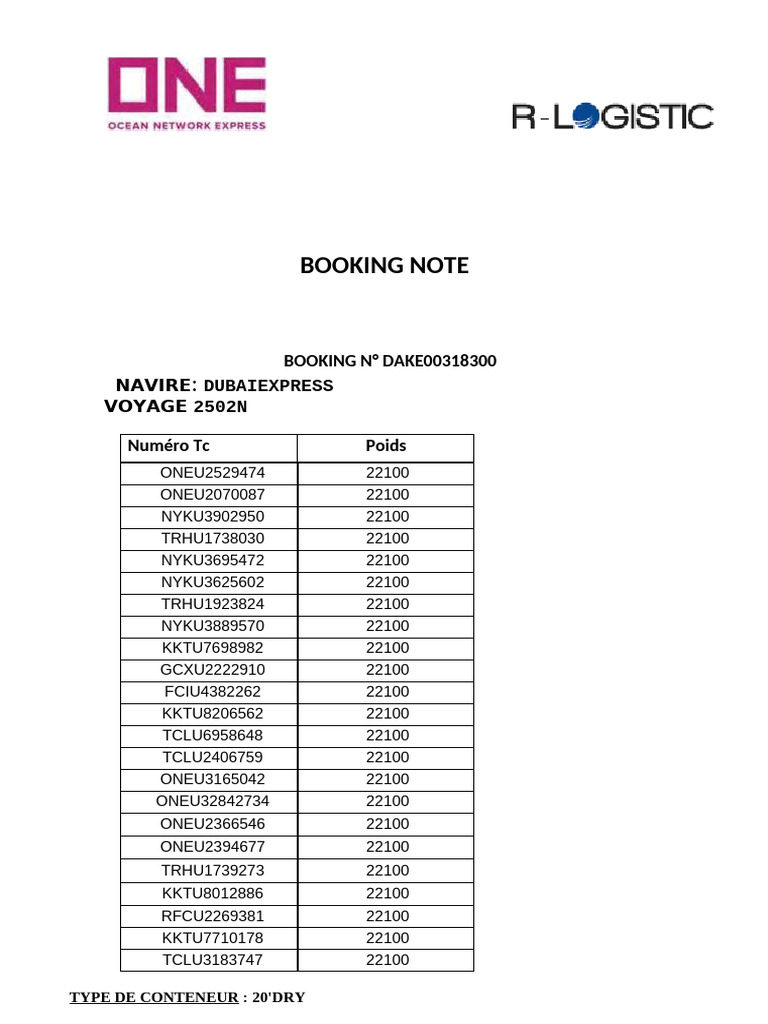 One - Booking Note Form Blank | PDF