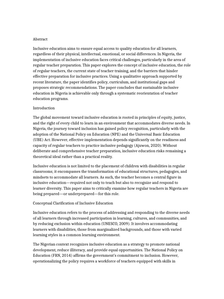 Challenges in Teacher Prep for Inclusive Education in Nigeria | PDF ...