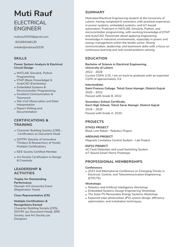 Electrical Engineering Student Profile | PDF | Photovoltaic System