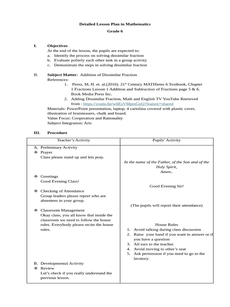 Grade 6 Dissimilar Fractions Lesson Plan | PDF | Elementary Mathematics ...
