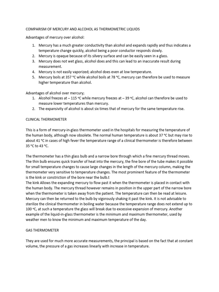 Mercury vs. Alcohol in Thermometers | PDF | Thermometer | Temperature
