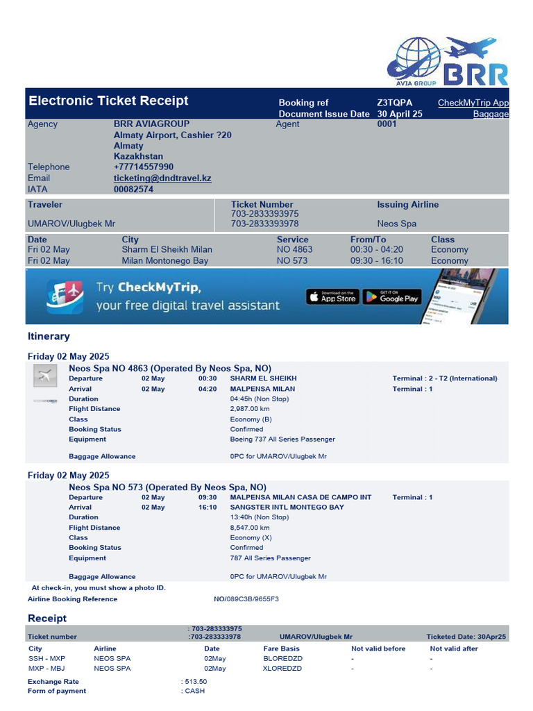 Electronic Ticket Receipt for Flight Booking | PDF | Aviation