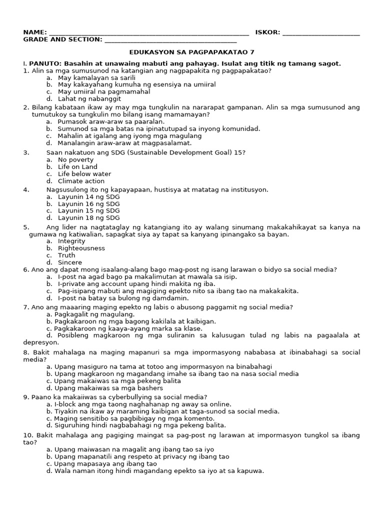 Exam-Value 7 - Q4 | PDF