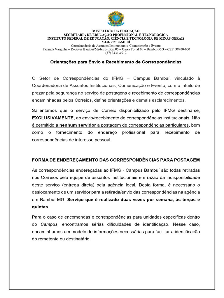 Orientações para Correspondências IFMG Bambuí | PDF | Correio