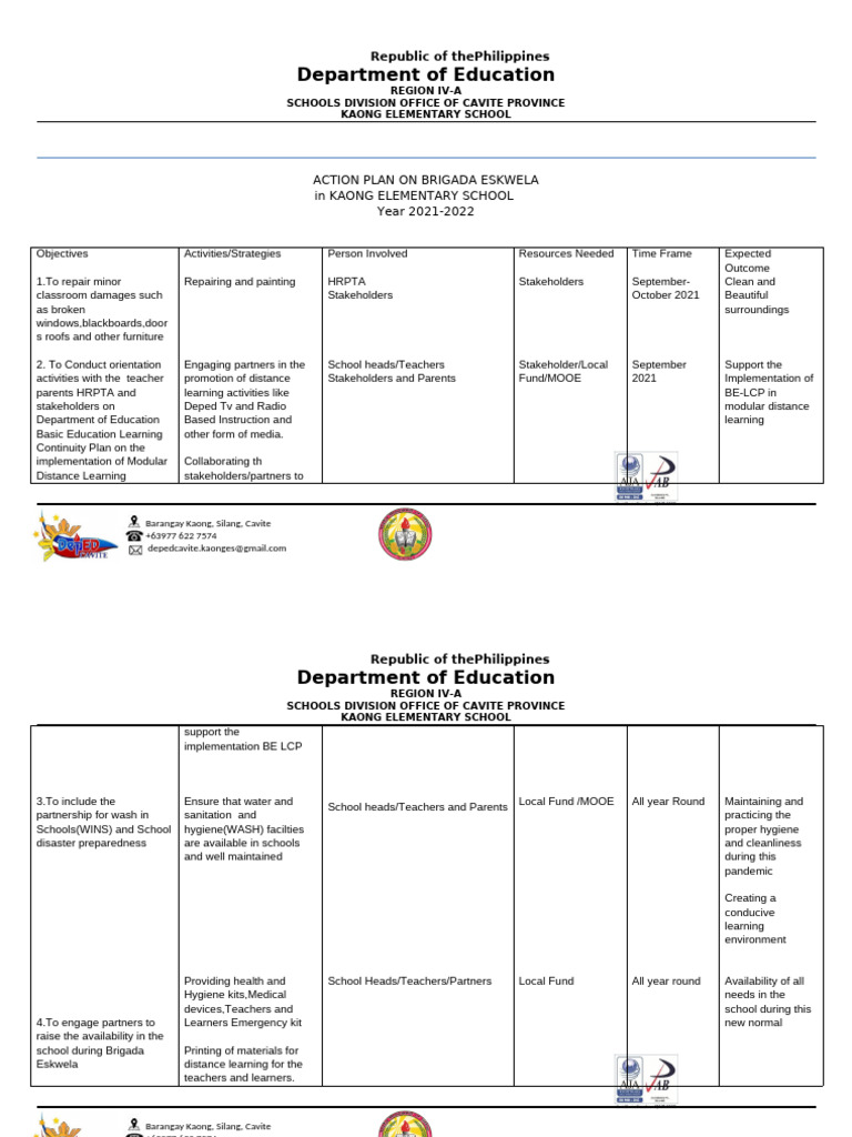 Action Plan On Brigada Eskwela | PDF | Wash | Learning