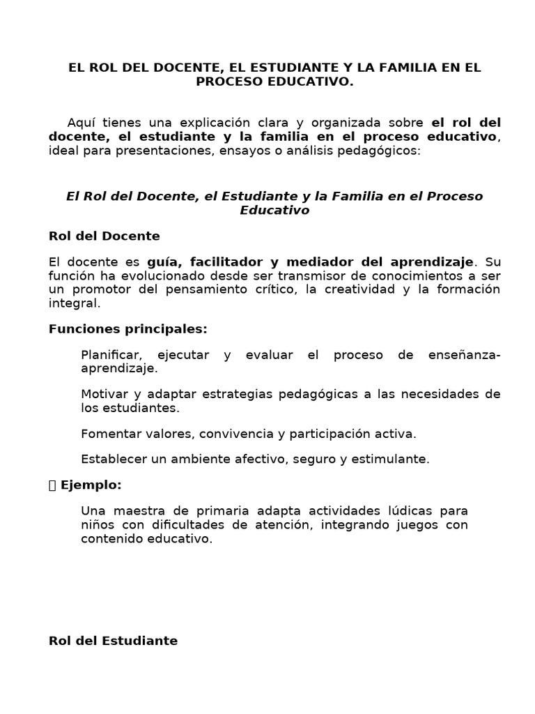 Roles en la Educación: Docente, Estudiante y Familia | PDF | Enseñando ...