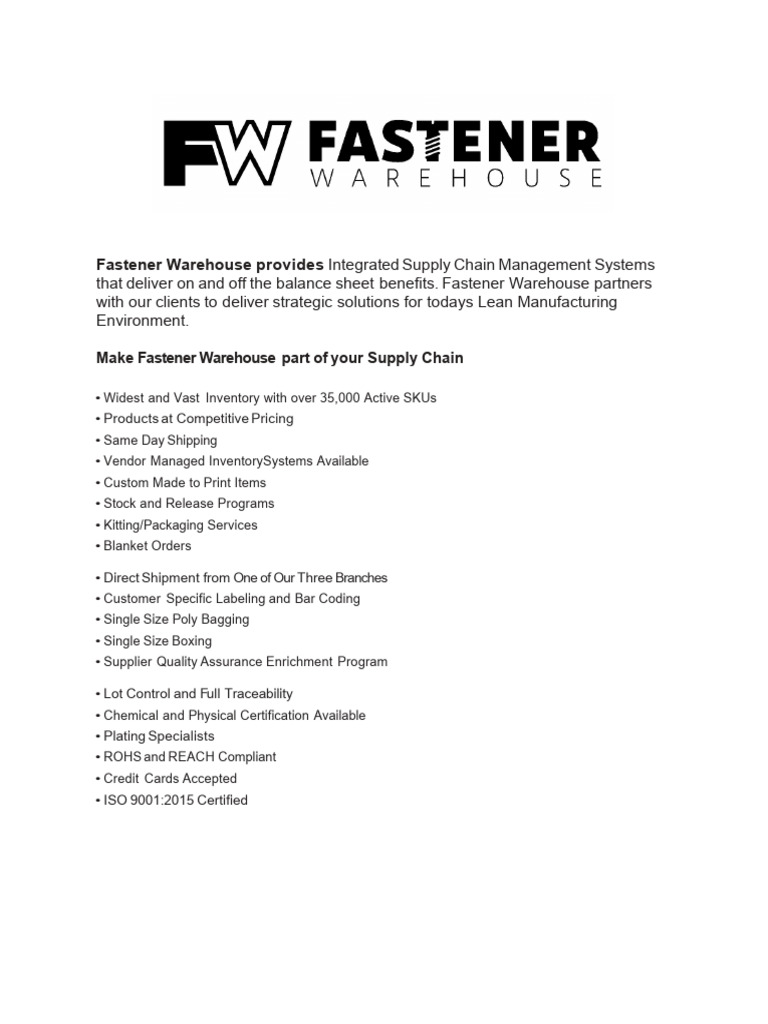 Fastener Warehouse Supply Solutions | PDF | Screw | Rivet