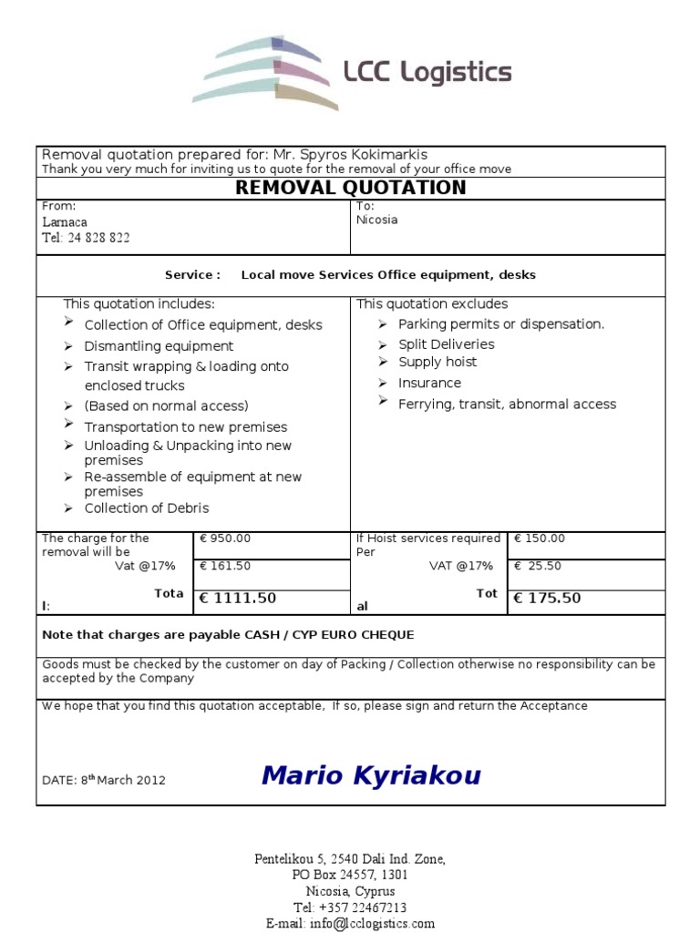 Removal Quotation Euro Cheque