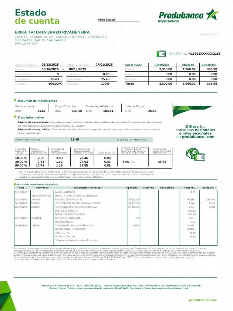 Estado de Cuenta Produbanco 2025 | PDF | Tarjeta de crédito | Tarjeta ...