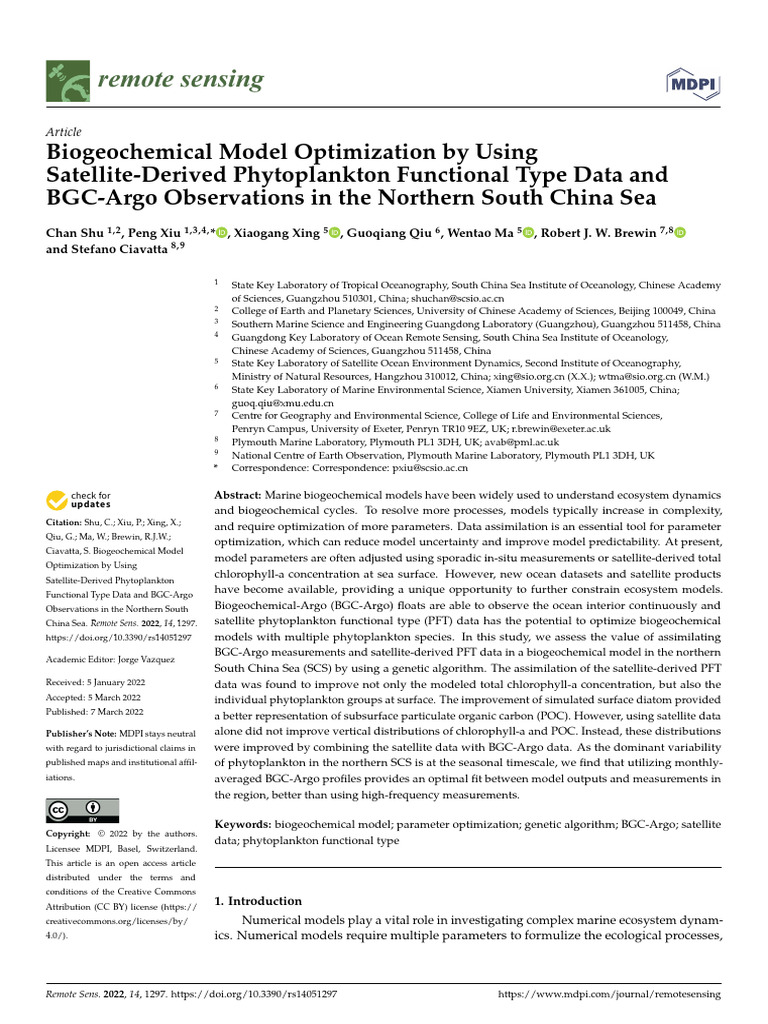 Remotesensing 14 01297 v2 | PDF | Phytoplankton | Genetic Algorithm