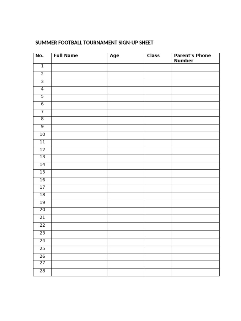 Summer Football Tournament Sign Up Sheet | PDF