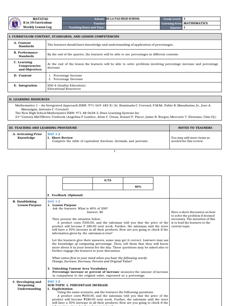 DLL Matatag - Math 7 q1 w4 | PDF | Percentage | Learning