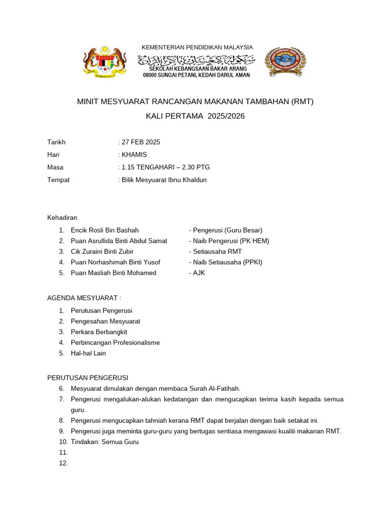Minit Mesyuarat RMT 2025/2026 | PDF