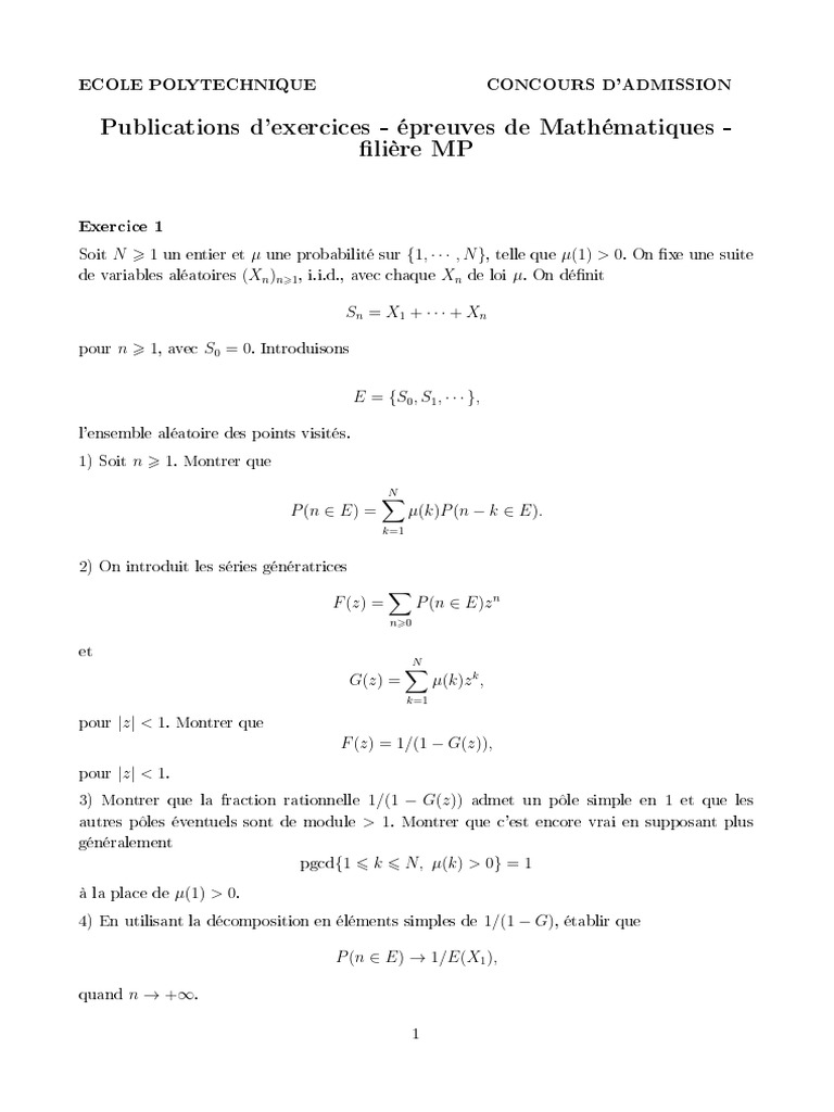 Concours d'admission MP - Exercices de maths | PDF | Limite ...