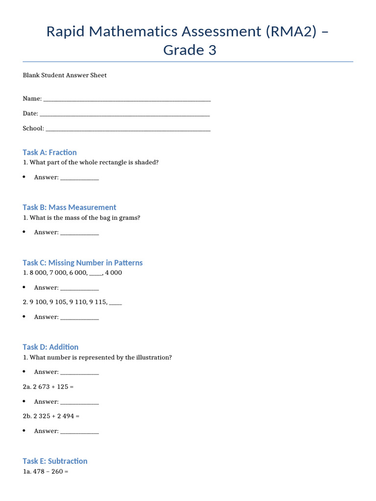 Grade 3 Rapid Math Assessment Sheet | PDF