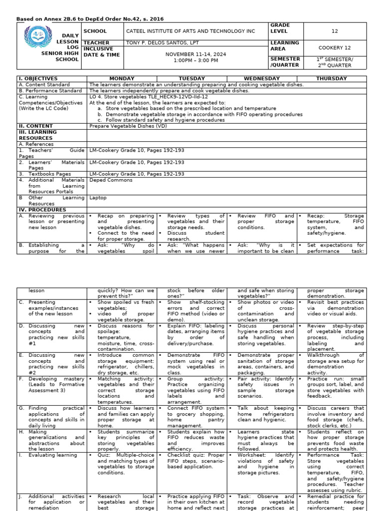 Senior High Cookery Lesson Plan | PDF | Vegetables
