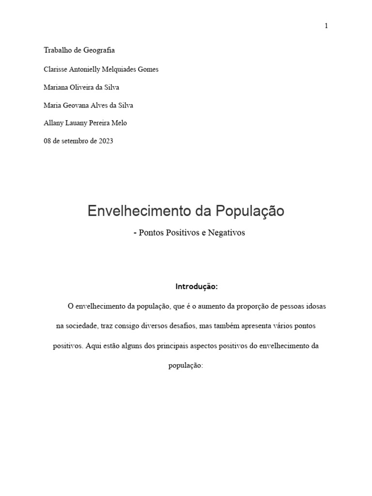Envelhecimento da População: Prós e Contras | PDF | Envelhecimento ...
