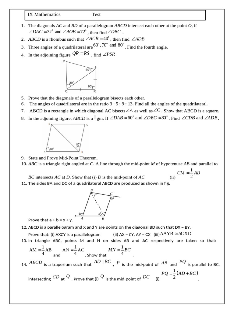Test IX Quadrilaterals 2024 | PDF | Rectangle | Euclidean Geometry