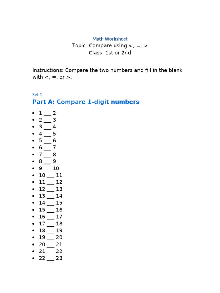 Less Equal Greater 5 Sets Worksheet | PDF