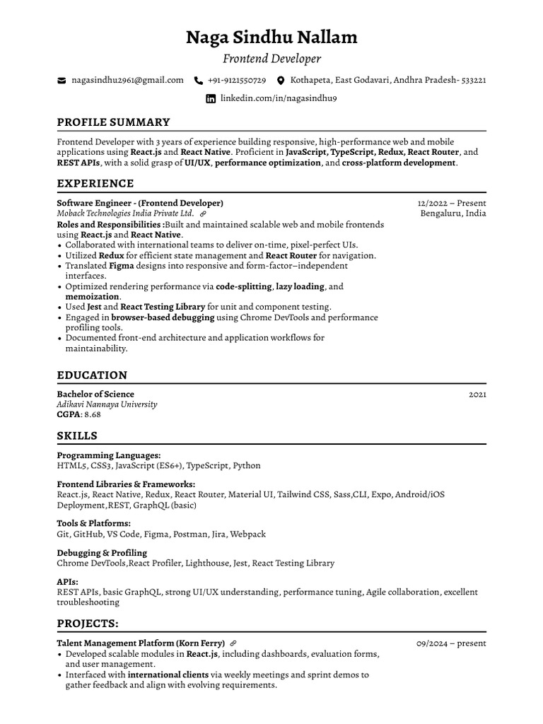 Frontend Developer Resume - Naga Sindhu | PDF | Systems Architecture ...