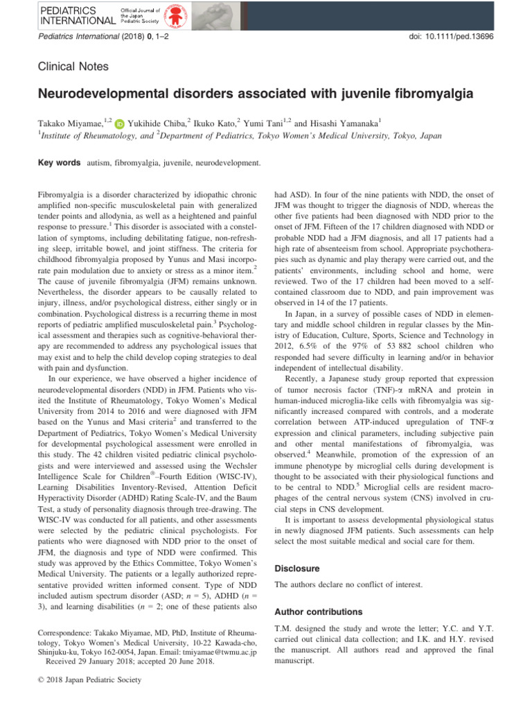 Neurodevelopmental Disorders in Juvenile Fibromyalgia | PDF ...