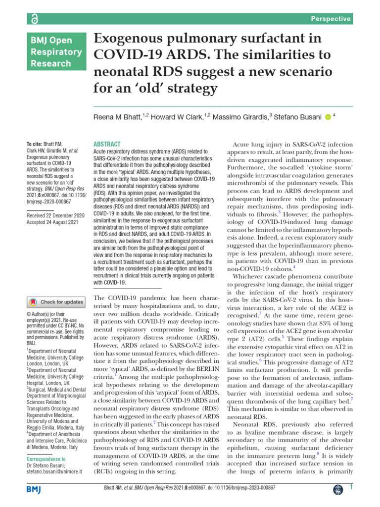 Exogenous Pulmonary Surfactant in COVID-19 ARDS | PDF | Respiratory ...