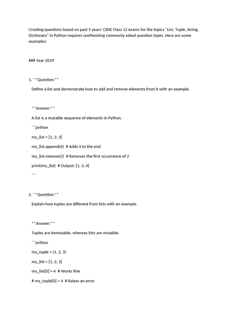 CBSE Class 12 Python Exam Questions | PDF | Programming Paradigms ...