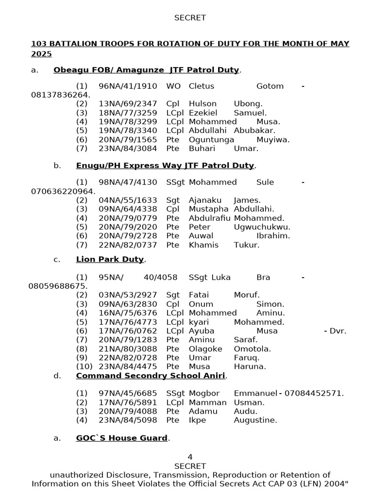 May 2025 Battalion Duty Roster | PDF