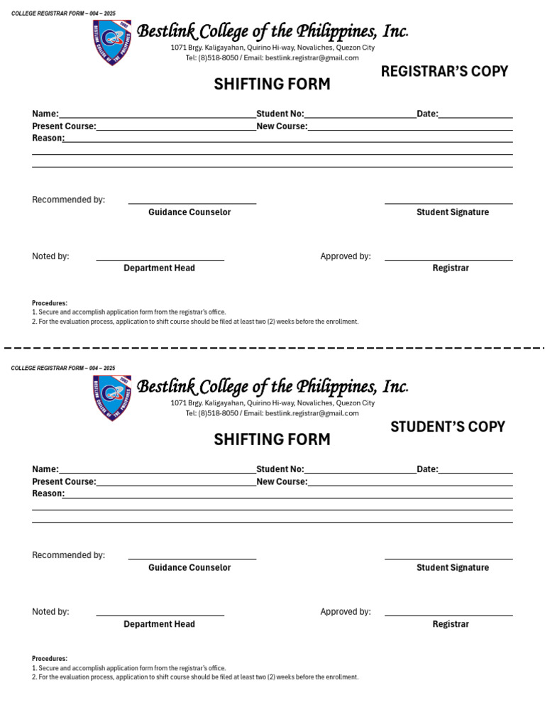Course Shifting Form 004 - 2025 | PDF