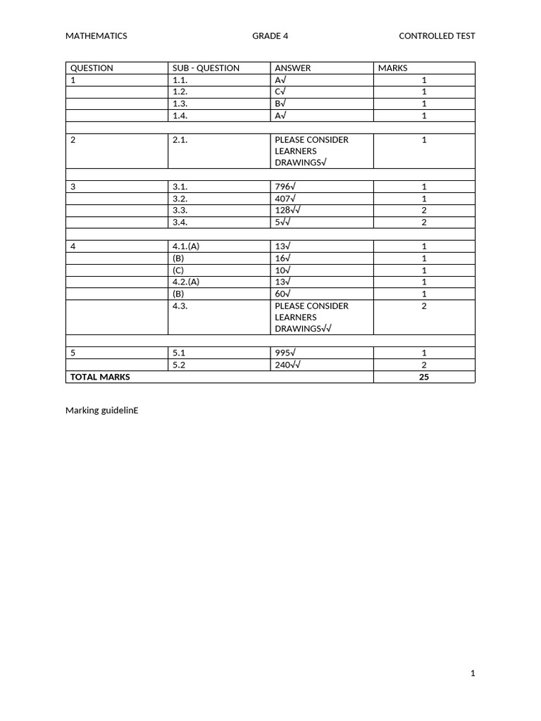 Grade 4 Mathematics Test Answers | PDF