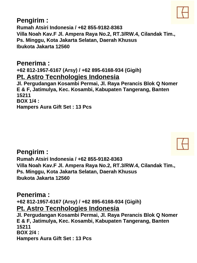 Pengiriman Hampers ke PT Astro Technologies | PDF