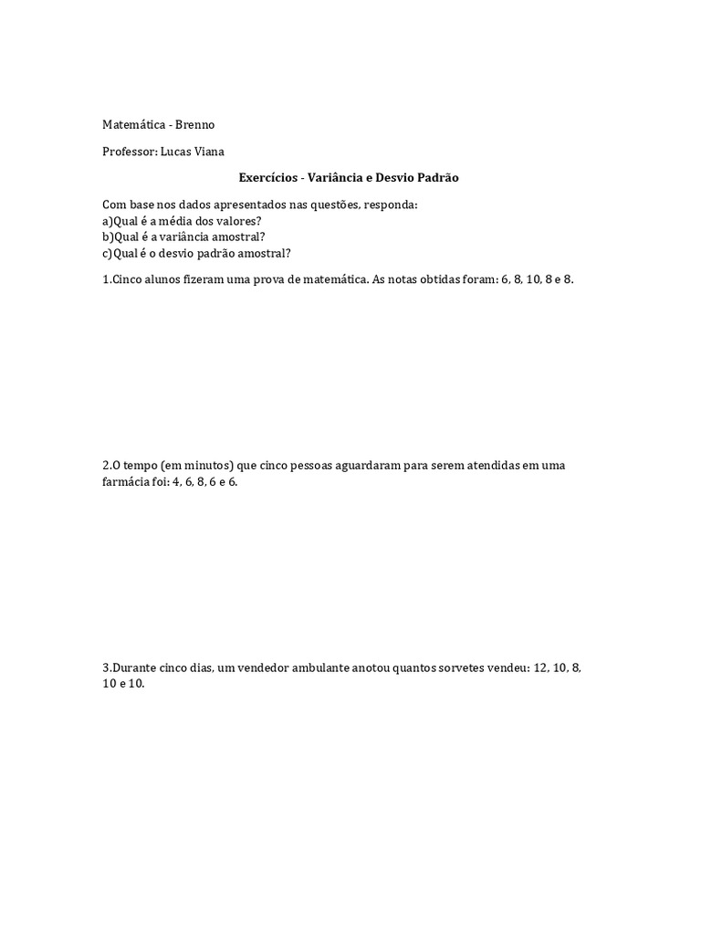 Exercícios de Variância e Desvio Padrão | PDF