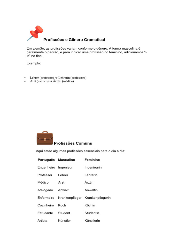 Profissões em Alemão e Gênero Gramatical | PDF