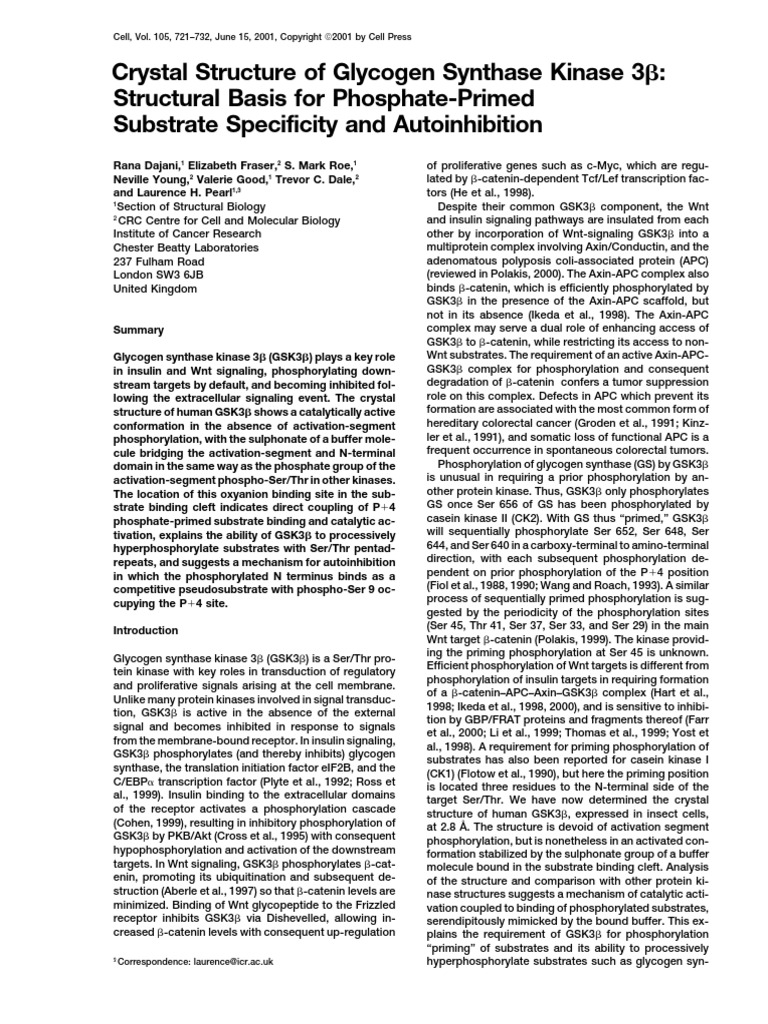 Crystal Structure of Glycogen Synthase Kinase 3 - Structural Basis For ...