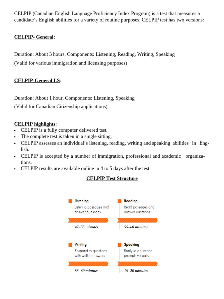CELPIP Test Overview and Structure | PDF | Reading Comprehension | Learning